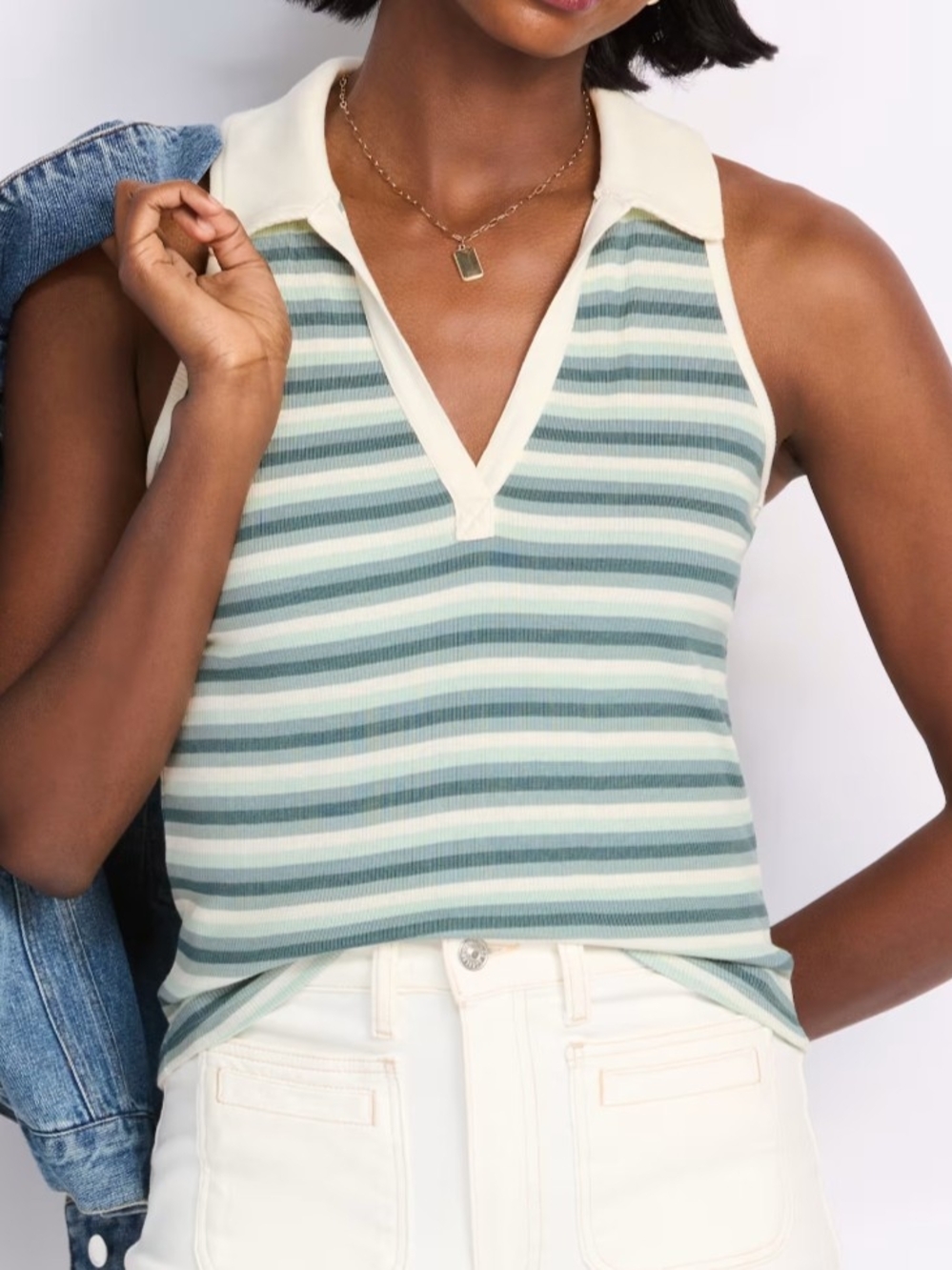 Threads 4 Thought Striped V-Neck Polo Tank Top - Cream & Green, SZ L, NWT